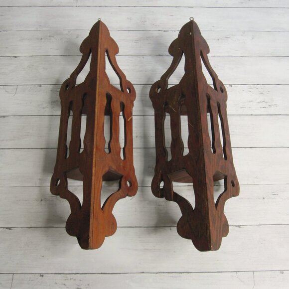 Vintage MCM Corner Wooden 2 Tier Shelf Lot Brown Knick Knack Wall Mount - Picture 5 of 6